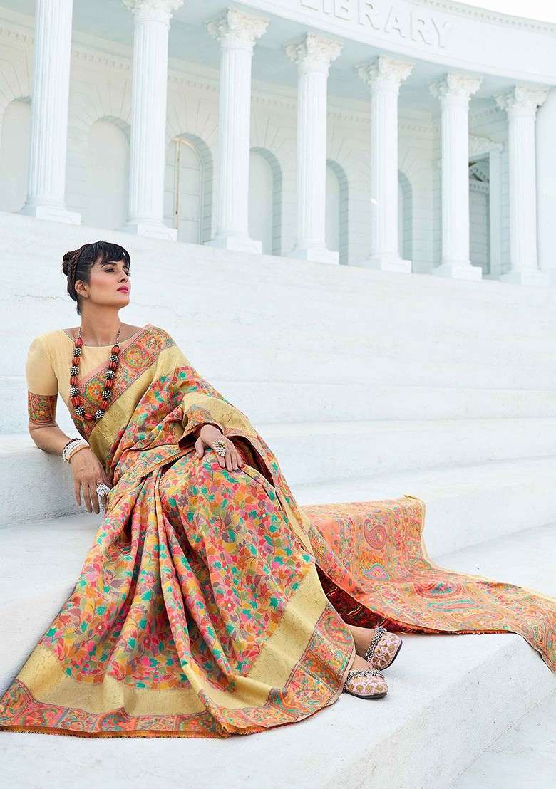 Peach Blended Saree Set with Printed for Diwali | Wedding & Festive Wear - Indya