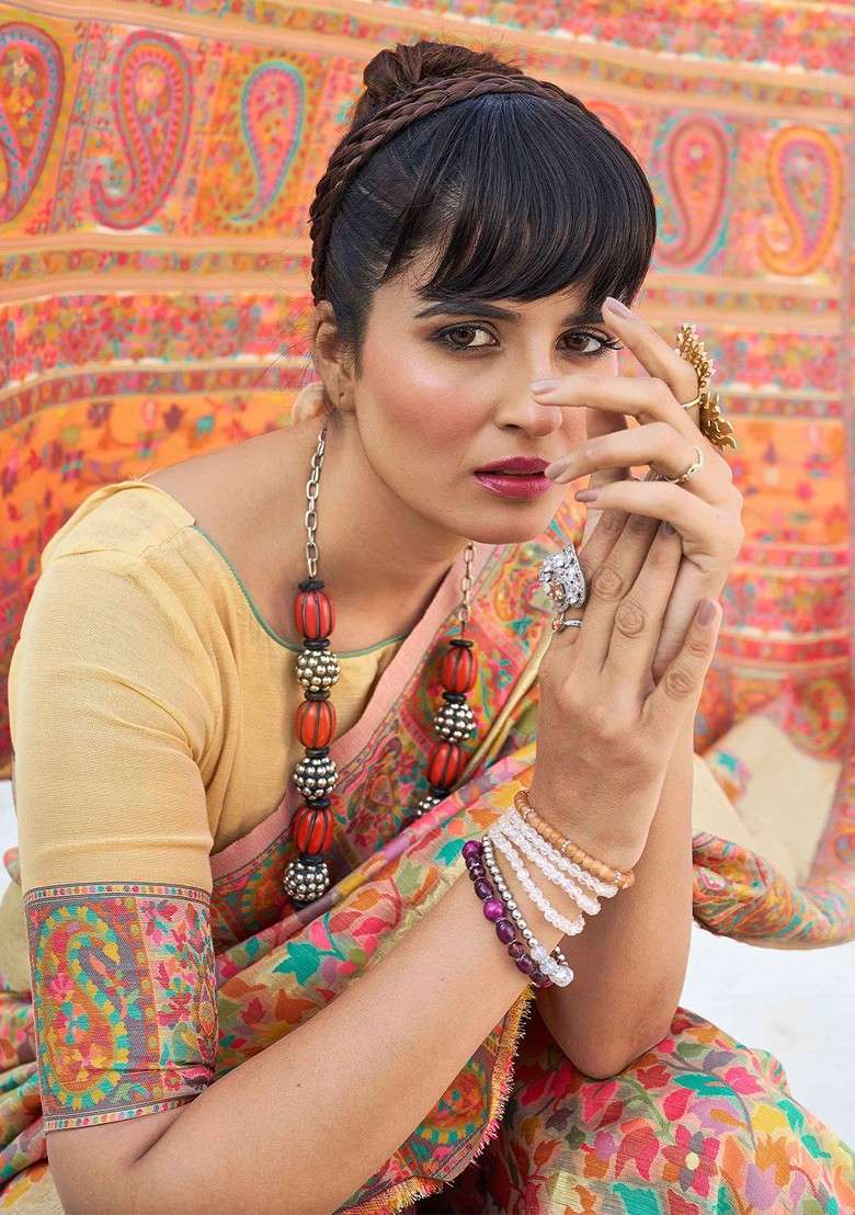 Peach Blended Saree Set with Printed for Diwali | Wedding & Festive Wear - Indya