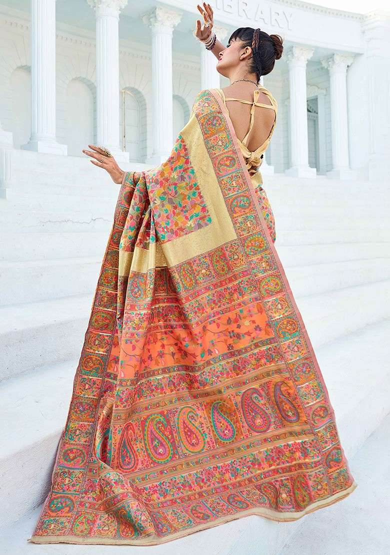Peach Blended Saree Set with Printed for Diwali | Wedding & Festive Wear - Indya
