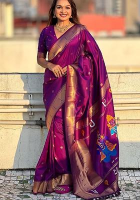Magenta Embroidered Blended Saree Set