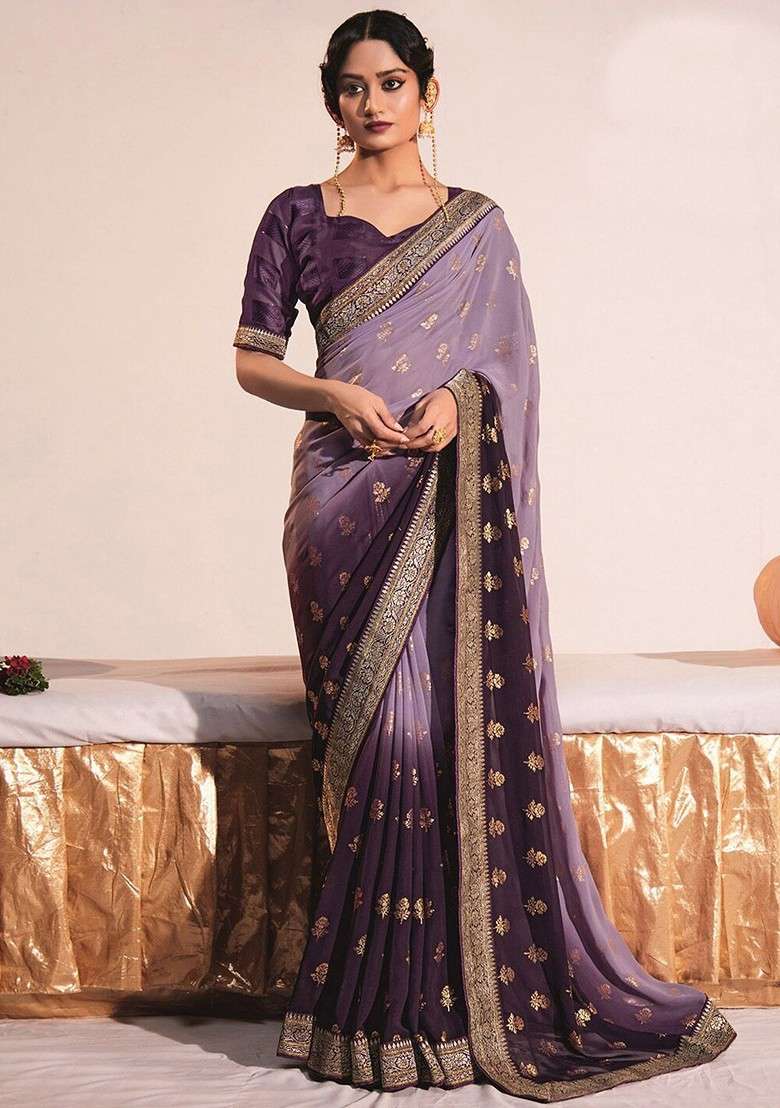 Purple Printed Blended Saree Set - Indya