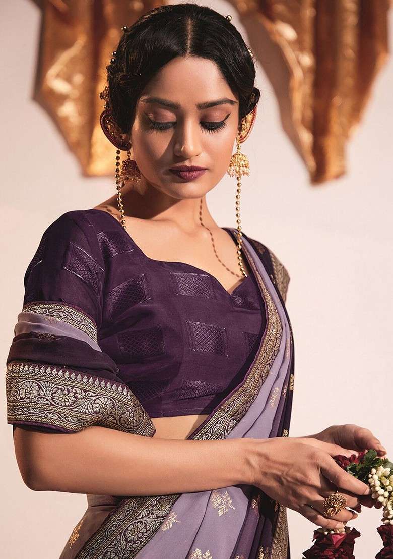 Purple Printed Blended Saree Set - Indya