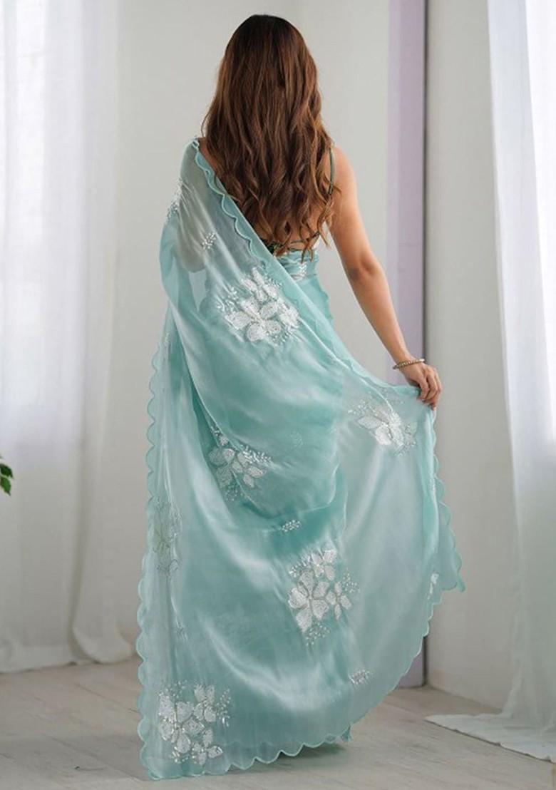 Sea Green Printed Blended Saree Set