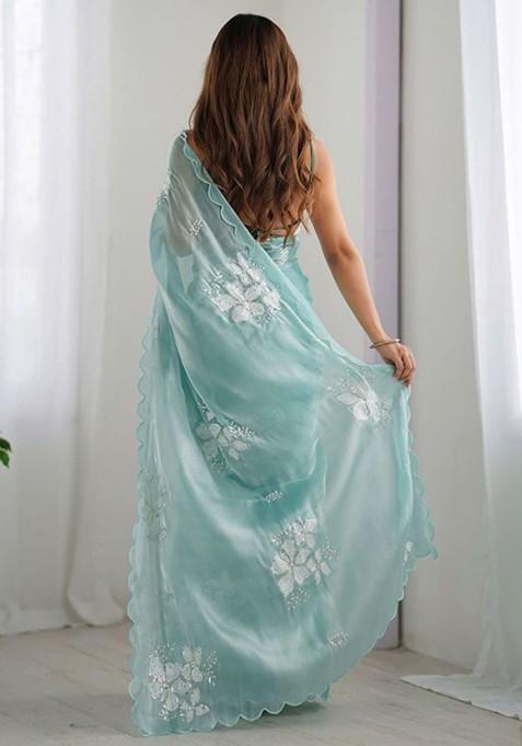 Sea Green Printed Blended Saree Set
