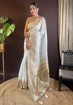 White Embroidered Blended Saree Set