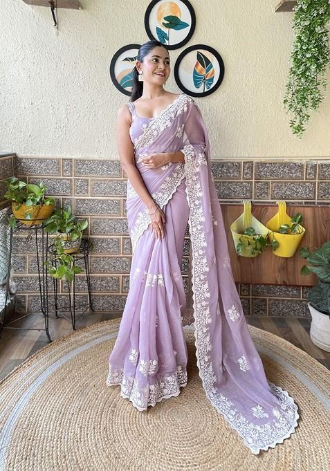 Purple Embellished Blended Saree Set