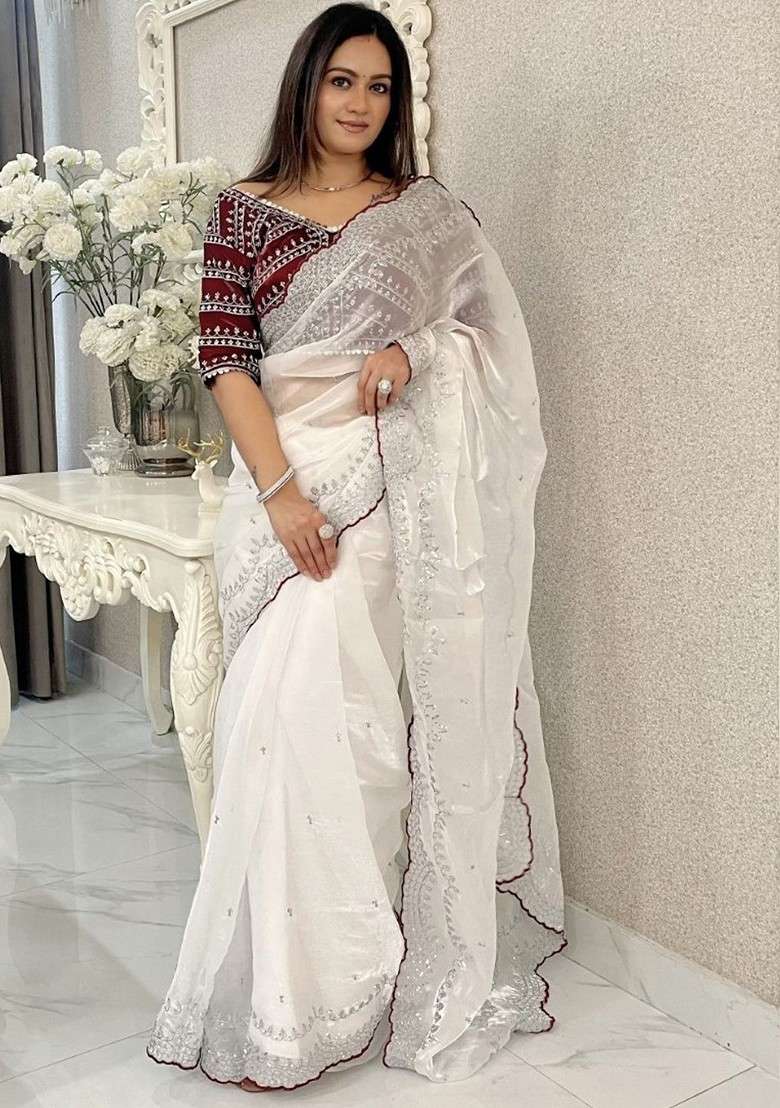White Blended Saree Set with Embroidered for Diwali | Wedding & Festive Wear - Indya