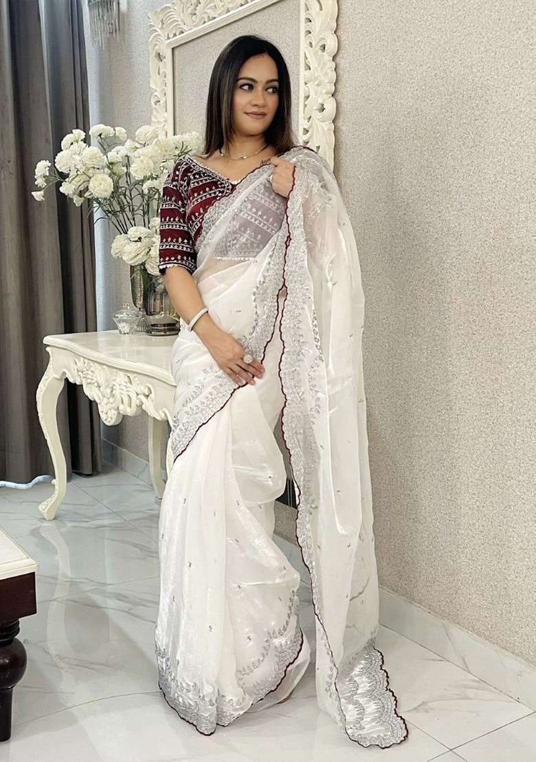 White Blended Saree Set with Embroidered for Diwali | Wedding & Festive Wear - Indya