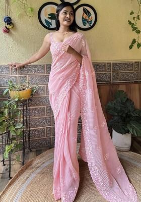 Pink Embellished Blended Saree Set