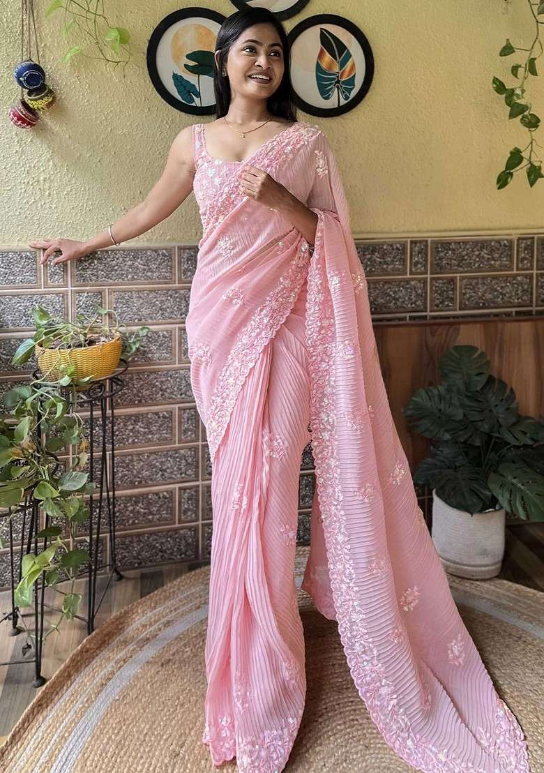 Pink Embellished Blended Saree Set - Indya