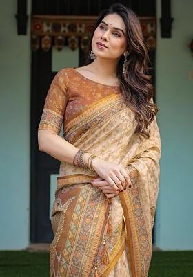 Beige Embroidered Blended Saree Set