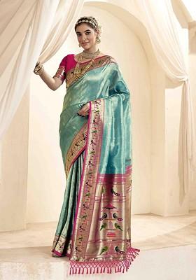 Turquoise Blue Embroidered Blended Saree Set