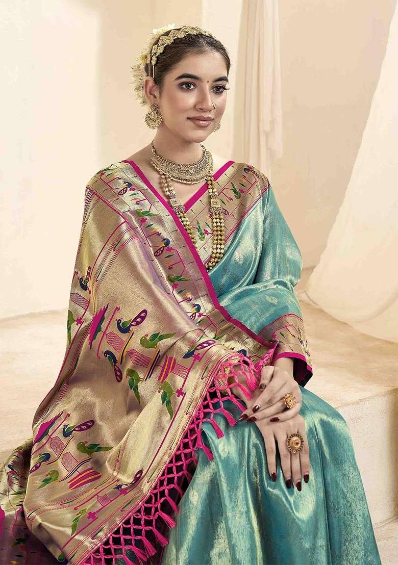 Turquoise Blue Embroidered Blended Saree Set - Indya