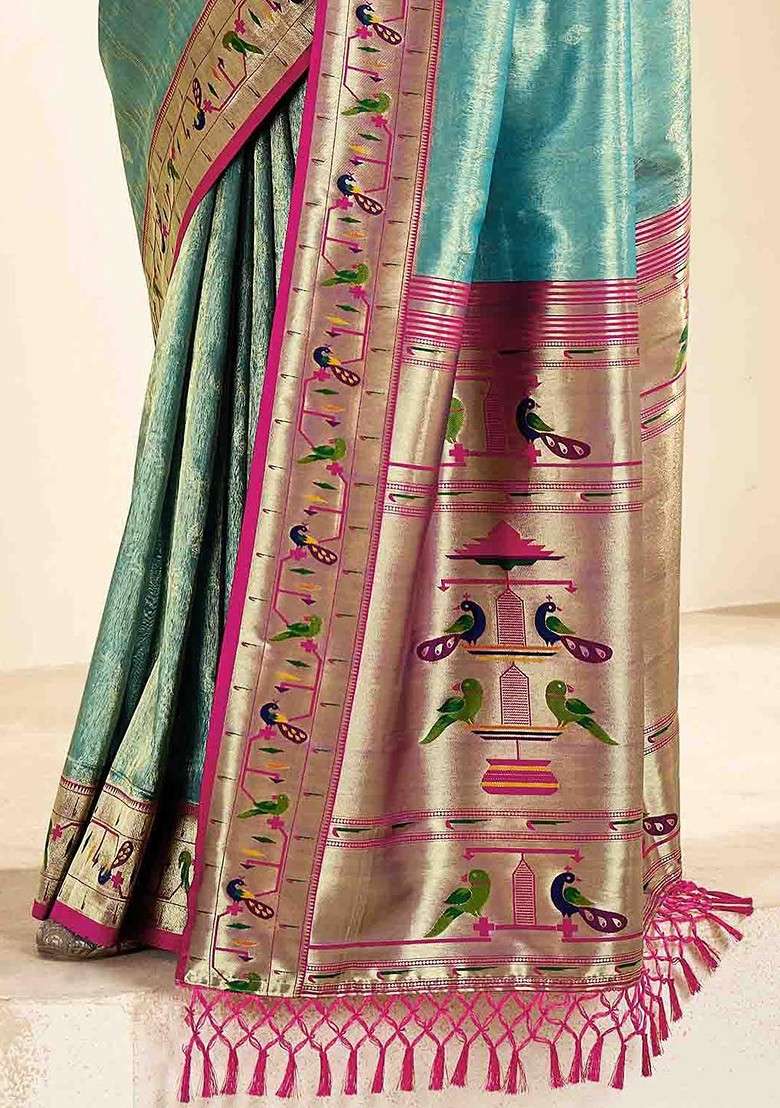 Turquoise Blue Embroidered Blended Saree Set - Indya