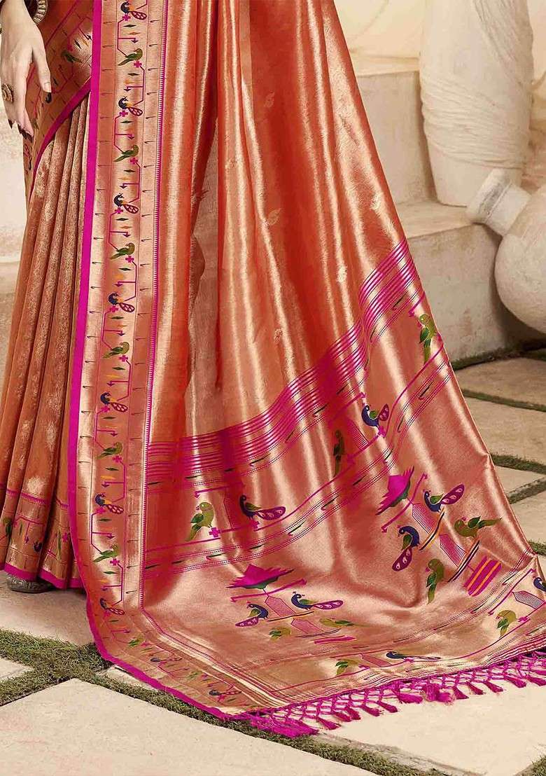 Rust Embroidered Blended Saree Set - Indya