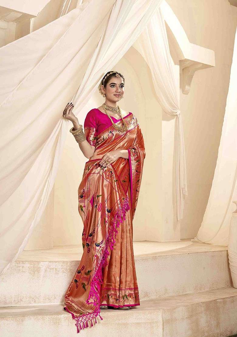 Rust Embroidered Blended Saree Set - Indya