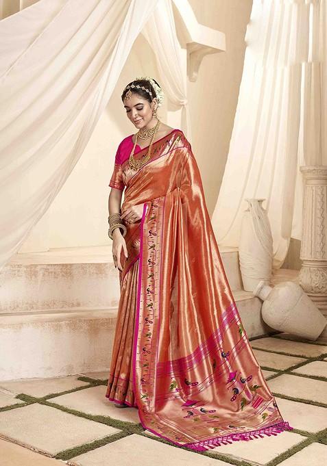 Rust Embroidered Blended Saree Set — view on Indya