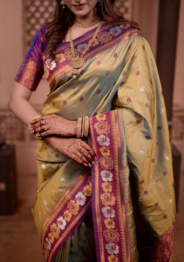 Beige Blended Saree Set with Embroidered for Diwali | Wedding & Festive Wear - Indya