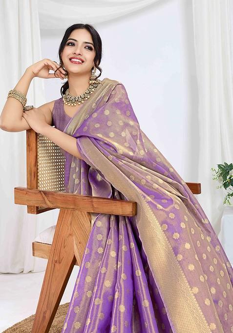 Purple Embroidered Blended Saree Set