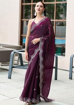 Burgundy Embroidered Blended Saree Set