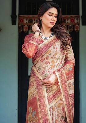 Maroon Embroidered Blended Saree Set