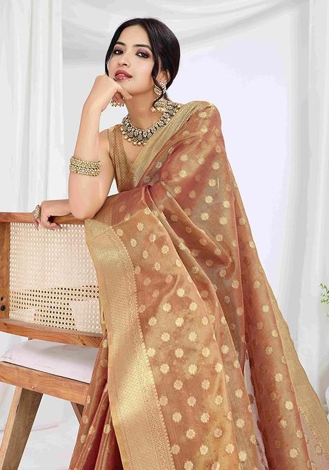 Brown Embroidered Blended Saree Set