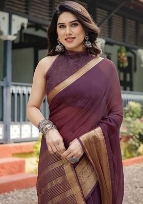 Purple Jacquard Blended Saree Set