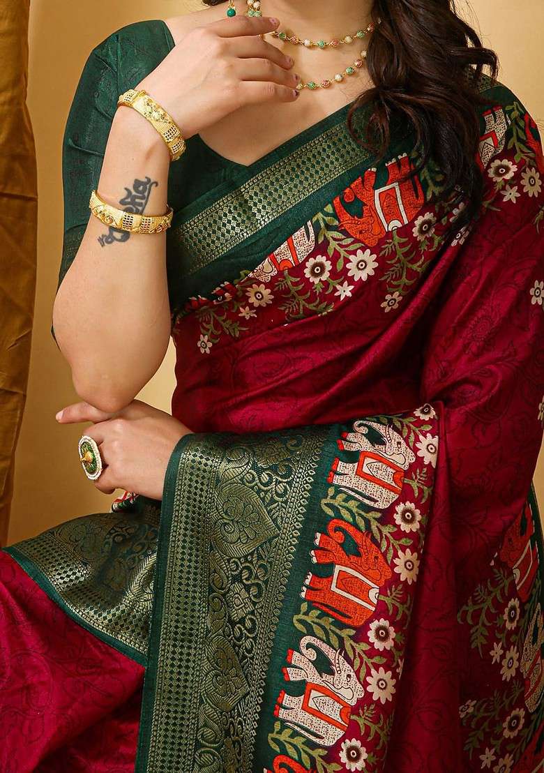 Red Printed Blended Saree Set - Indya