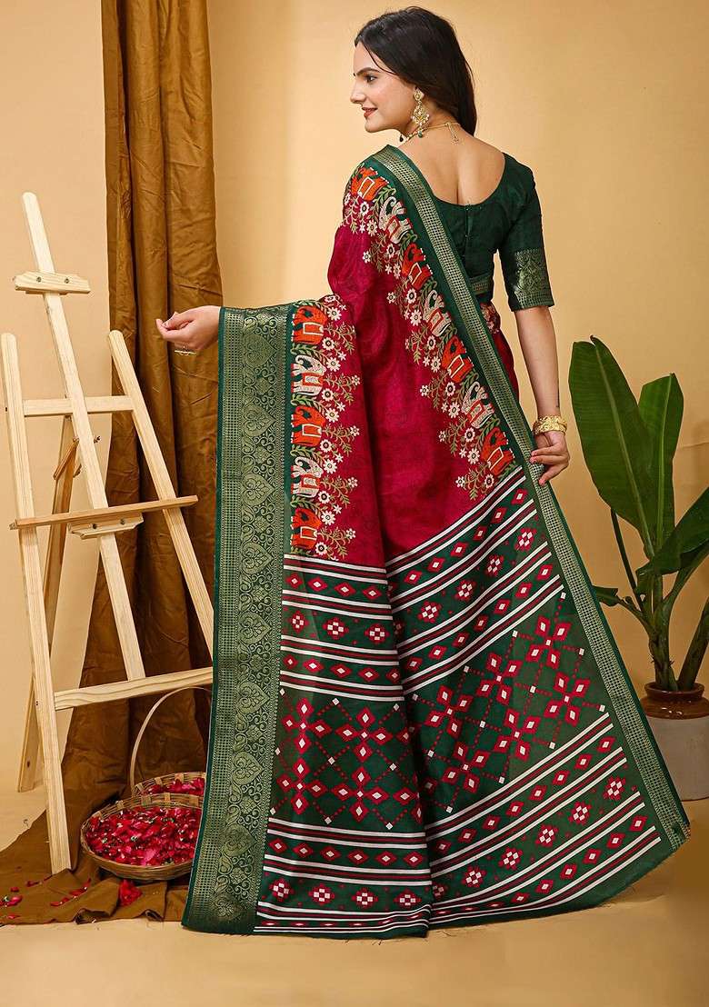 Red Printed Blended Saree Set - Indya