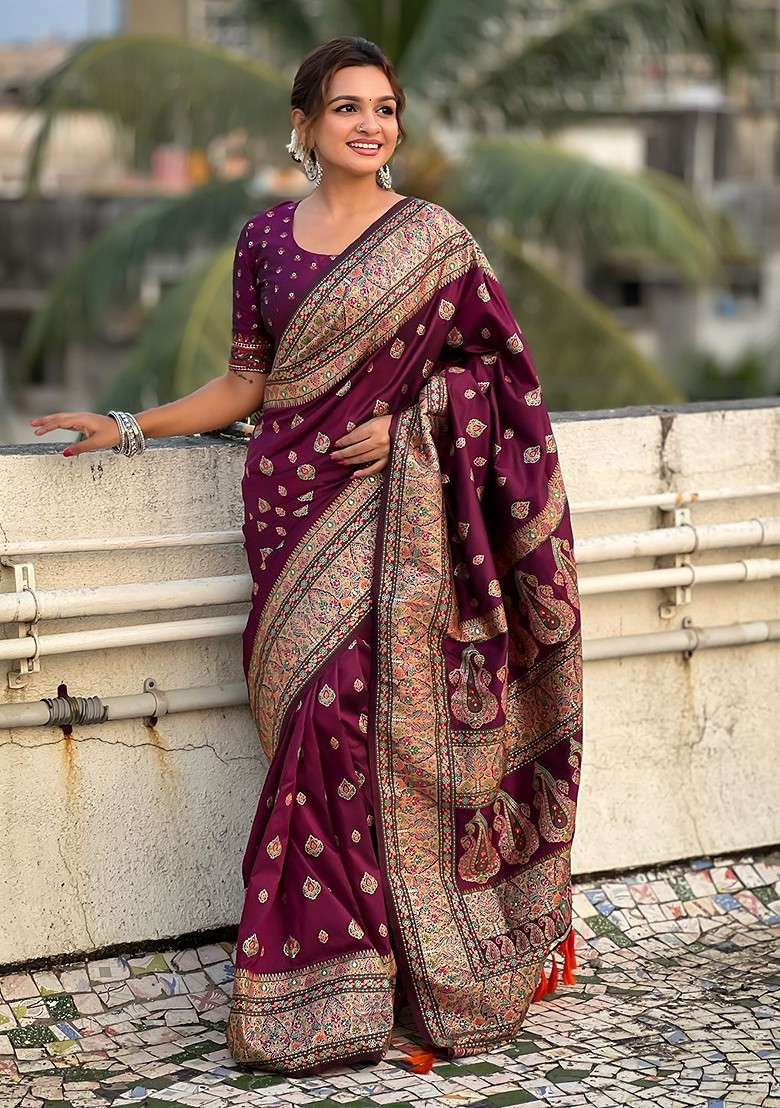Purple Blended Saree Set with Embroidered for Diwali | Wedding & Festive Wear - Indya