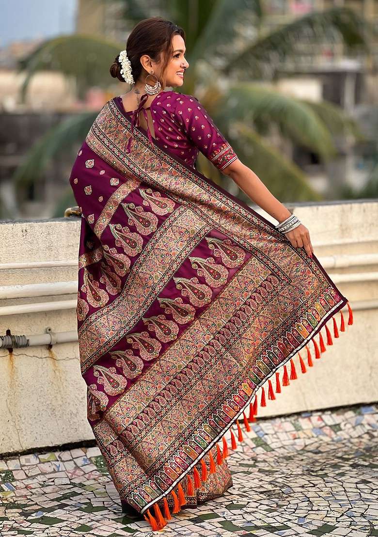 Purple Blended Saree Set with Embroidered for Diwali | Wedding & Festive Wear - Indya
