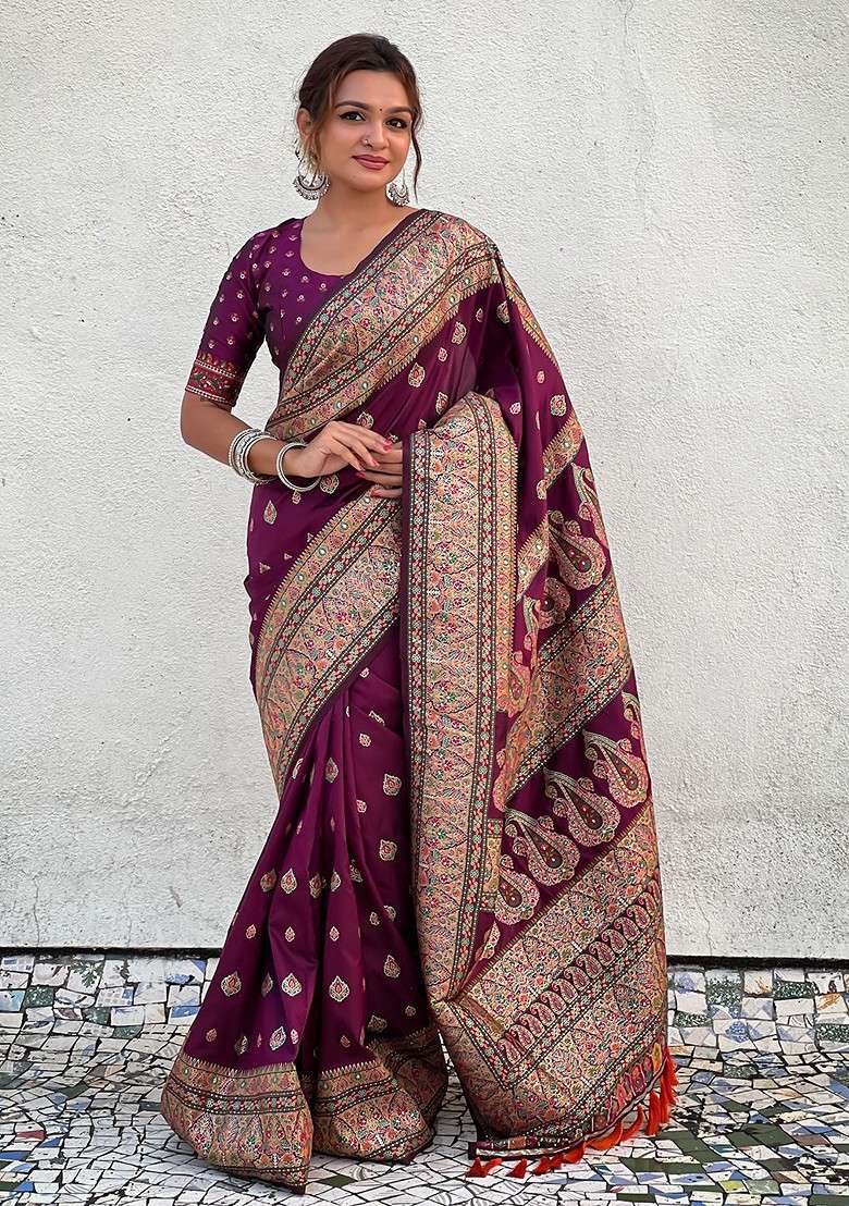 Purple Blended Saree Set with Embroidered for Diwali | Wedding & Festive Wear - Indya