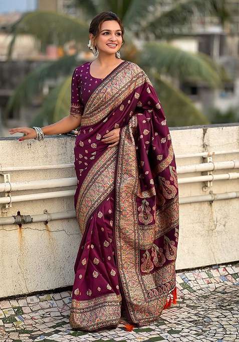 Purple Blended Saree Set with Embroidered for Diwali | Wedding & Festive Wear