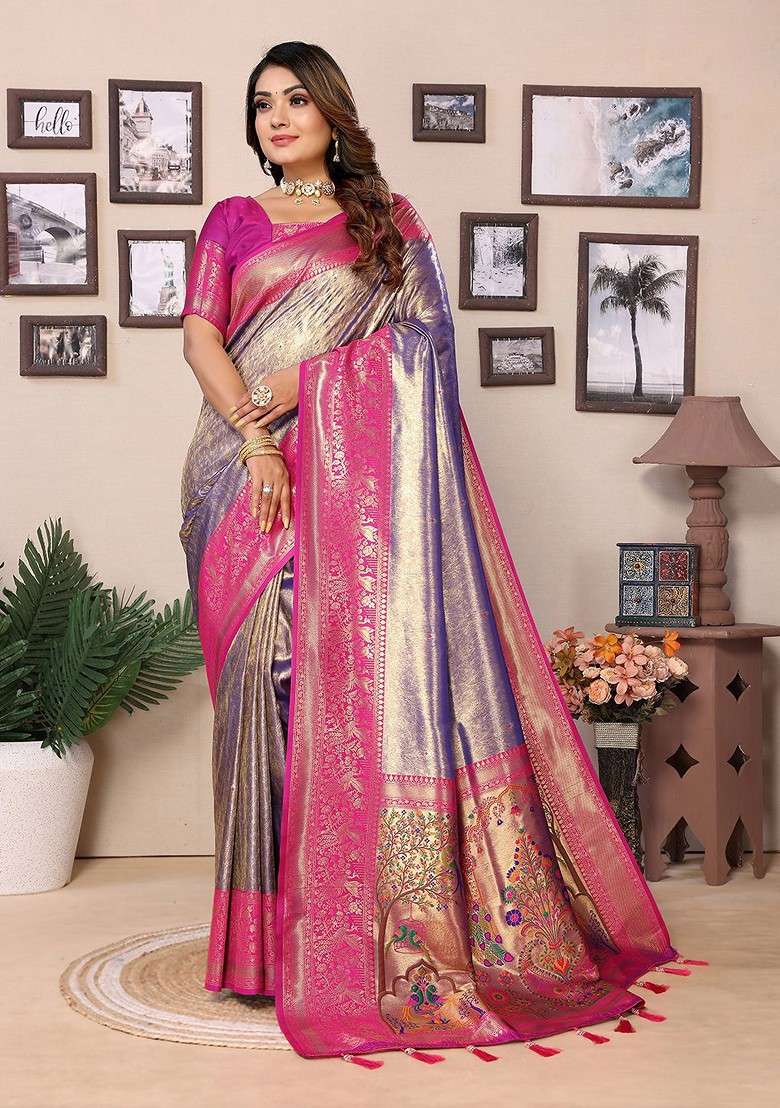 Purple Jacquard Blended Saree Set for Diwali and Festive Wear - Indya