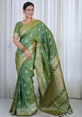 Sea Green Printed Blended Saree Set
