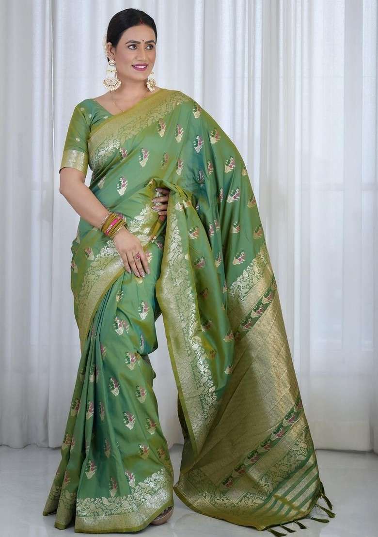 Sea Green Blended Saree Set with Printed for Diwali | Wedding & Festive Wear - Indya