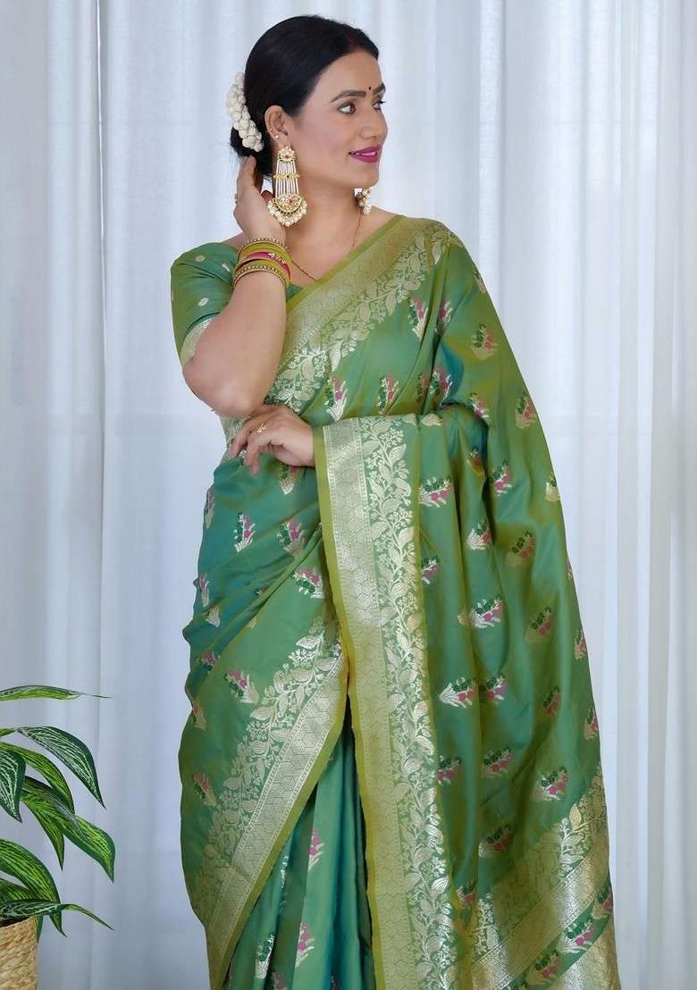 Sea Green Blended Saree Set with Printed for Diwali | Wedding & Festive Wear - Indya