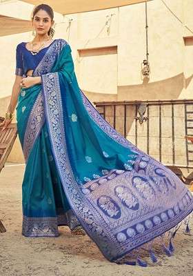 Teal Embroidered Blended Saree Set