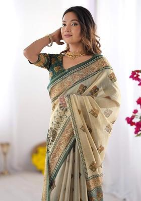 Beige Embroidered Blended Saree Set
