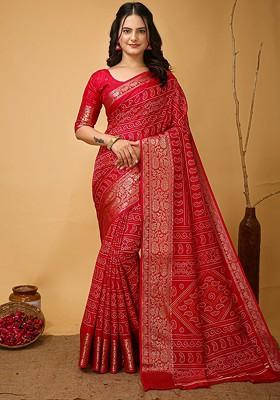 Red Embroidered Blended Saree Set