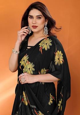 Black Printed Blended Saree Set