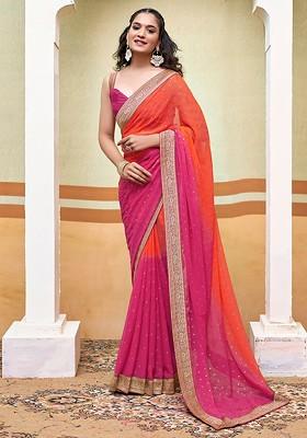 Orange Printed Blended Saree Set