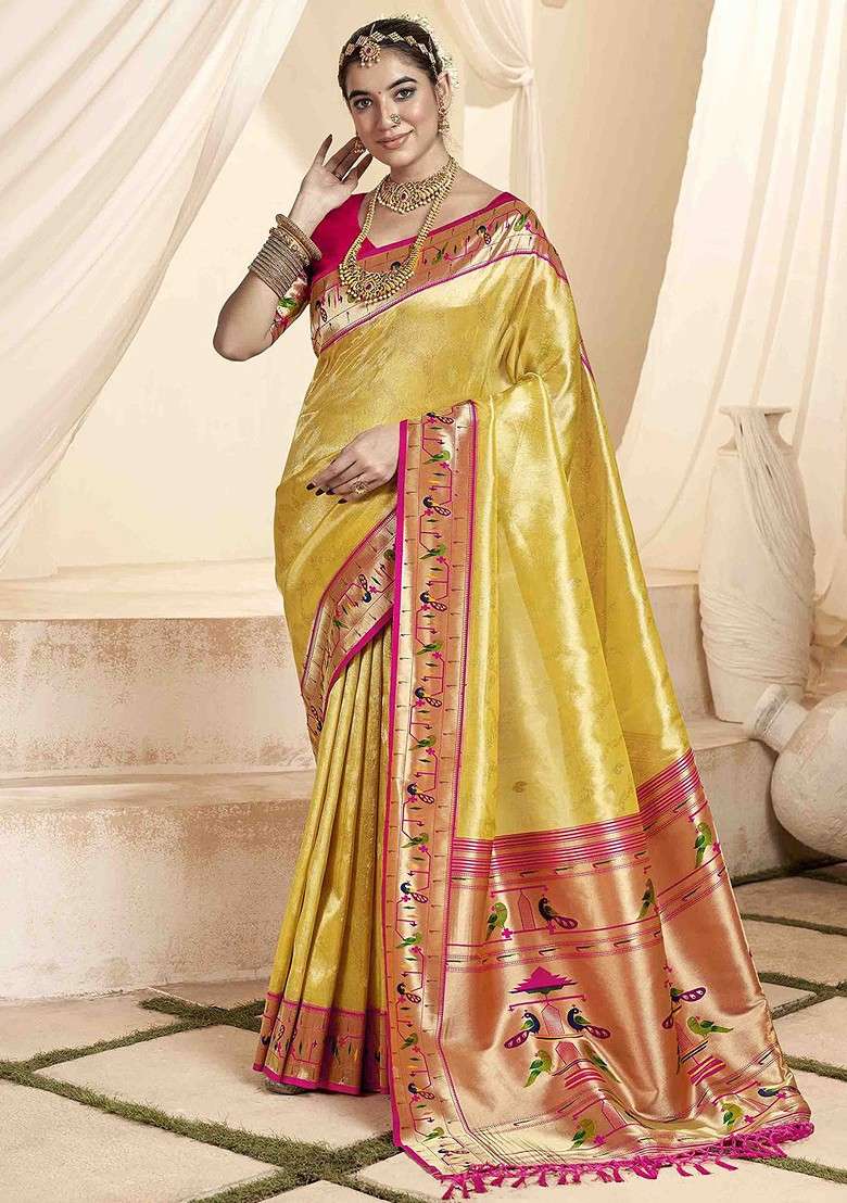 Yellow Embroidered Blended Saree Set - Indya