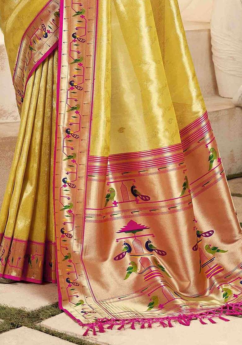 Yellow Embroidered Blended Saree Set - Indya