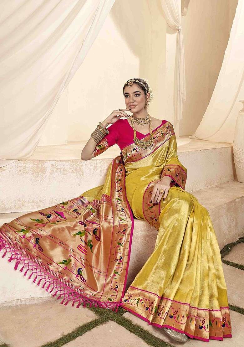 Yellow Embroidered Blended Saree Set - Indya