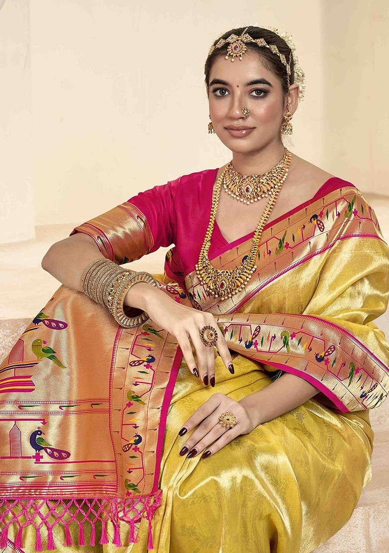 Yellow Embroidered Blended Saree Set - Indya