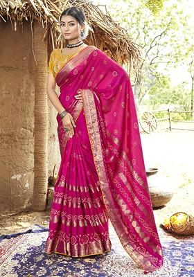 Pink Printed Blended Saree Set