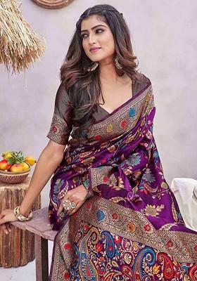 Purple Printed Blended Saree Set