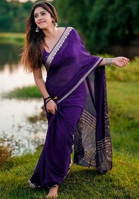 Purple Solid Blended Saree Set