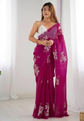 Pink Embellished Blended Saree Set